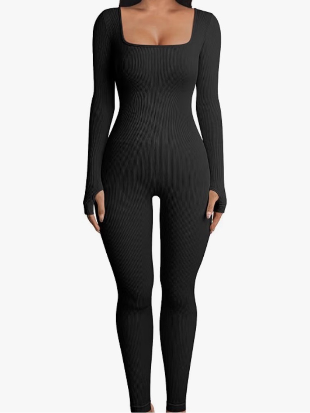 Ribbed Square-Neck Long-Sleeve Jumpsuit - Black